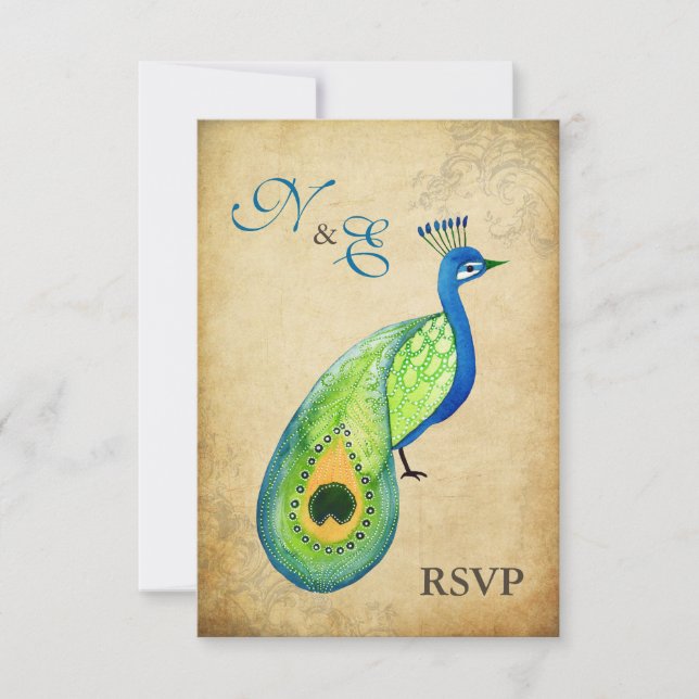 Tarjetas de bodas de pavo real con monograma RSVP (Anverso)