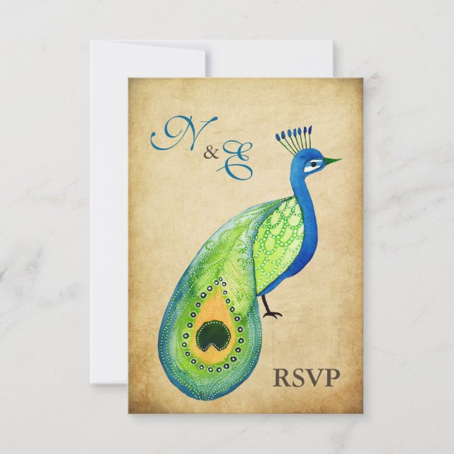 Tarjetas de bodas de pavo real con monograma RSVP (Anverso)