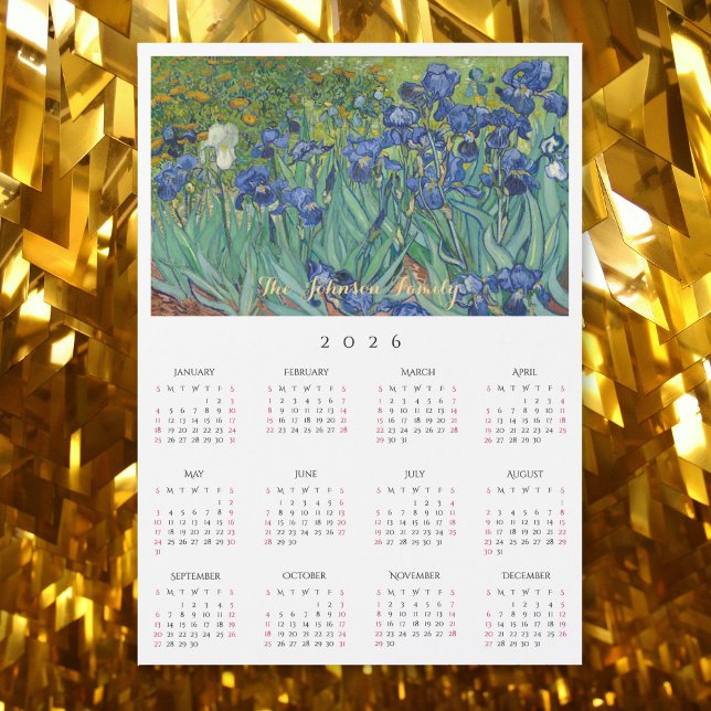 Tarjetas de calendario 2026 Flores Iris Vincent Va (Irises Flowers Vincent Van Gogh 2026 Calendar Card)
