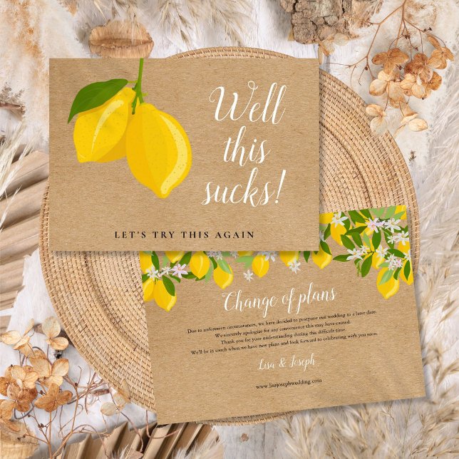 Tarjetas de cambio de fecha de boda de limones rús (Rustic Lemons Wedding Change the Date Postponed Invitation)