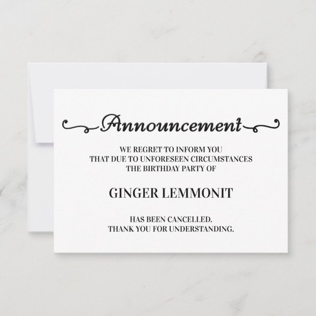 Tarjetas de cancelación de la fiesta de cumpleaños (Anverso)