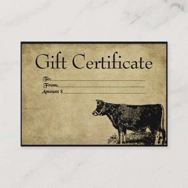 Tarjetas de certificado de regalo de Ol' Bessy Cow (Anverso)