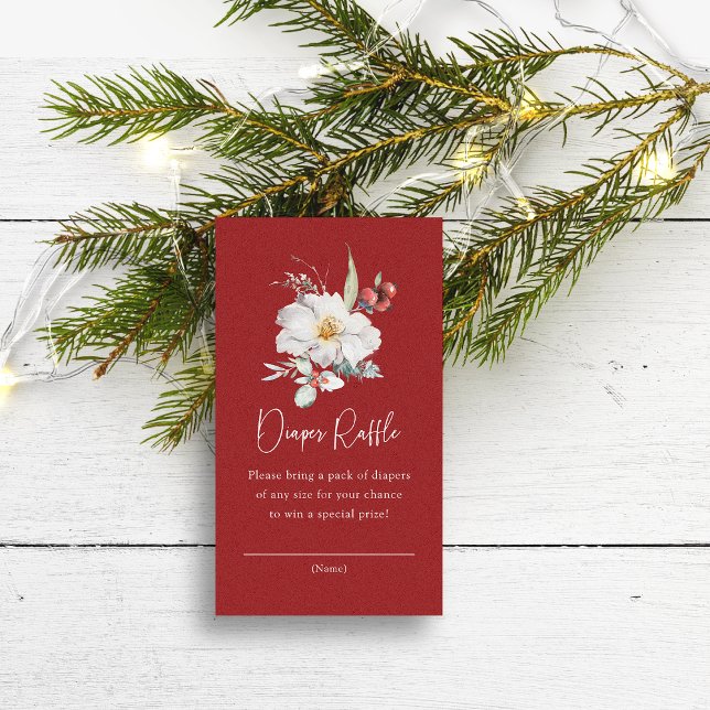 Tarjetas de cierre de pañales para navidades Raffl (Red Baby Shower Diaper Raffle Watercolor Floral Botanical Enclosure Card by Painted Paperie)