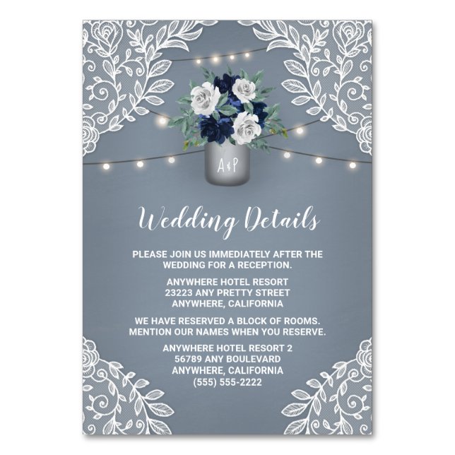 Tarjetas de cierre del Boda Dusty Blue Lace Mason  (Anverso)