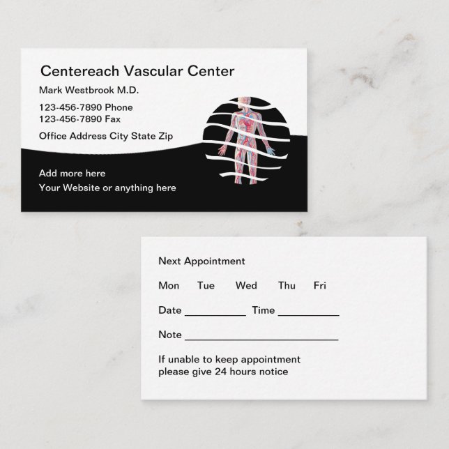 Tarjetas de cita de cuidado de venas vasculares el (Anverso / Reverso)