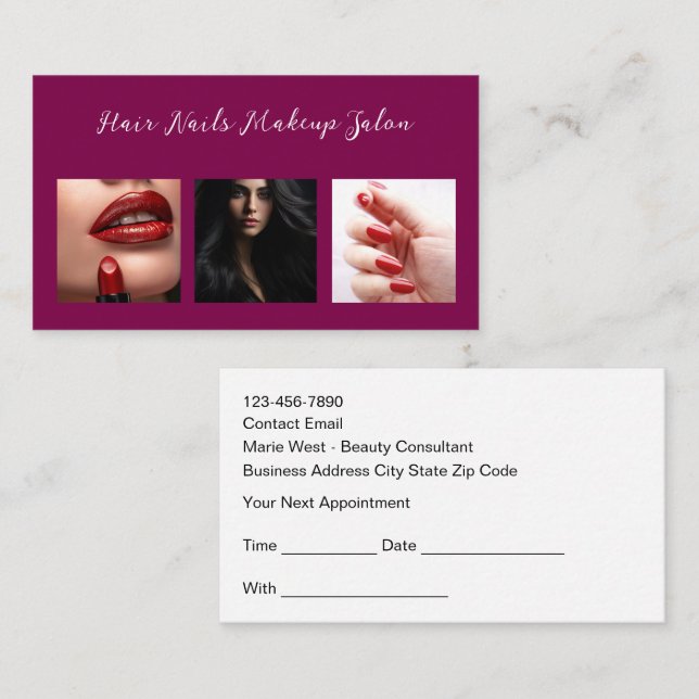 Tarjetas de citas para salón de belleza uñas cabel (Anverso / Reverso)