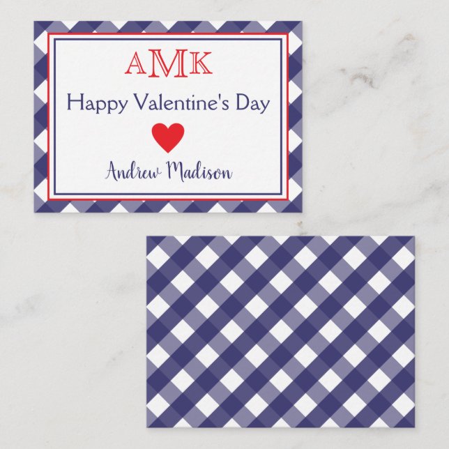 Tarjetas de clase de Gingham Monogram Valentine (Anverso / Reverso)