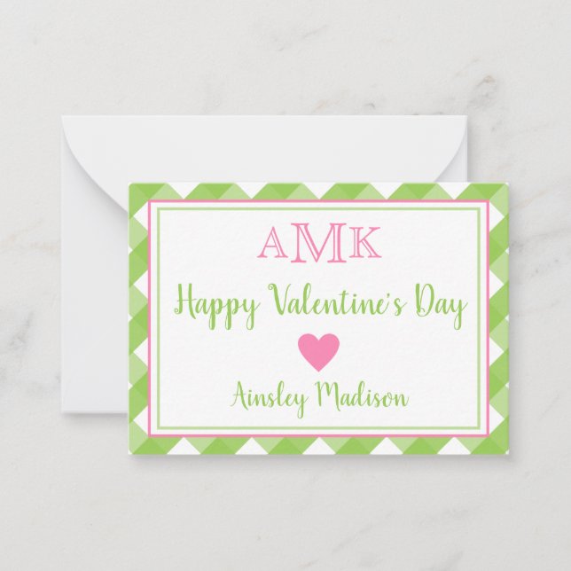 Tarjetas de clase de Gingham Monogram Valentine (Anverso)