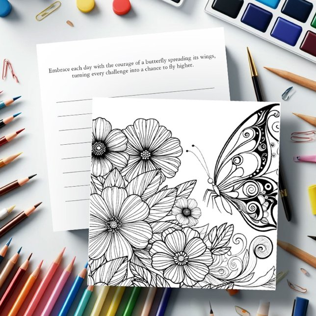 Tarjetas de coloreado de mariposa con Journal (Butterfly coloring pages for adult women with flowers and journaling on the back)