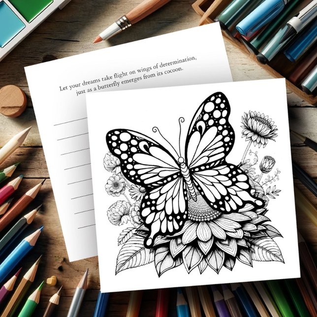 Tarjetas de coloreado de mariposa con Journal (Butterfly coloring pages for adult women with journaling card on back.)