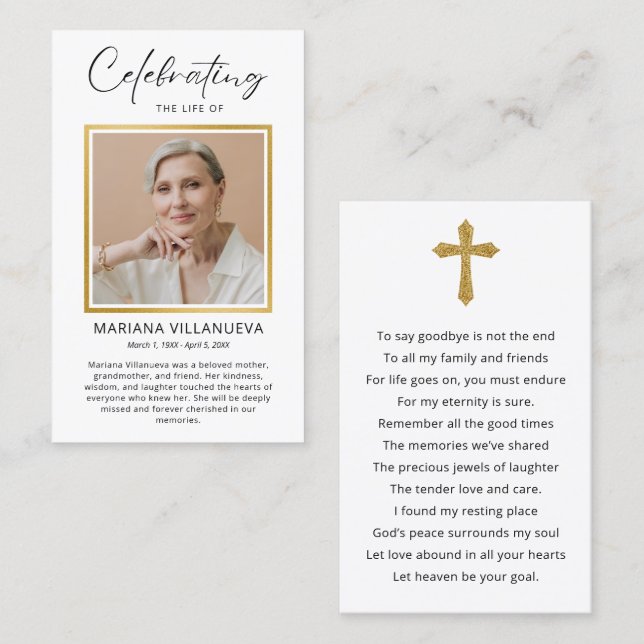 Tarjetas de condolencias con foto y oración simple (Anverso / Reverso)