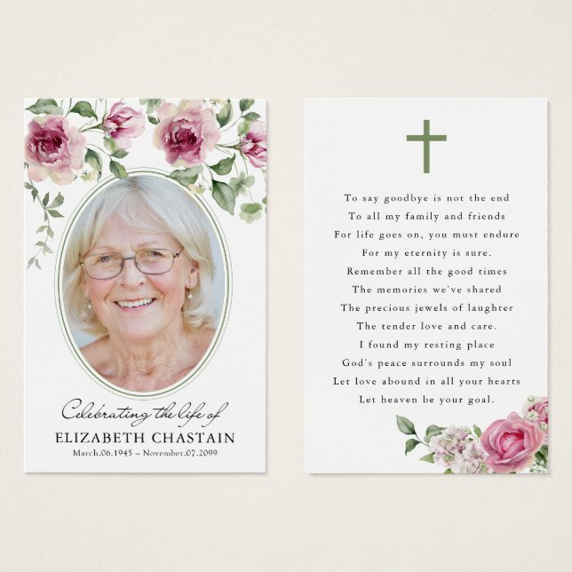 Tarjetas de condolencias funerarias florales rosad (Anverso y reverso)