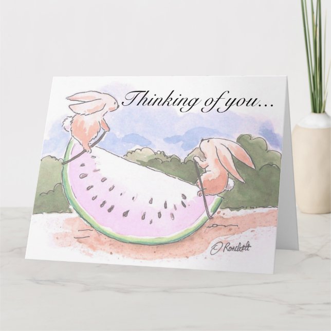 Tarjetas de conejos de sandía Pensando en ti (Anverso)