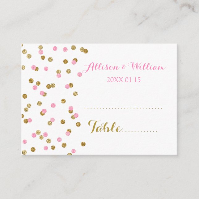 Tarjetas de configuración de mesa de confetti rosa (Anverso)