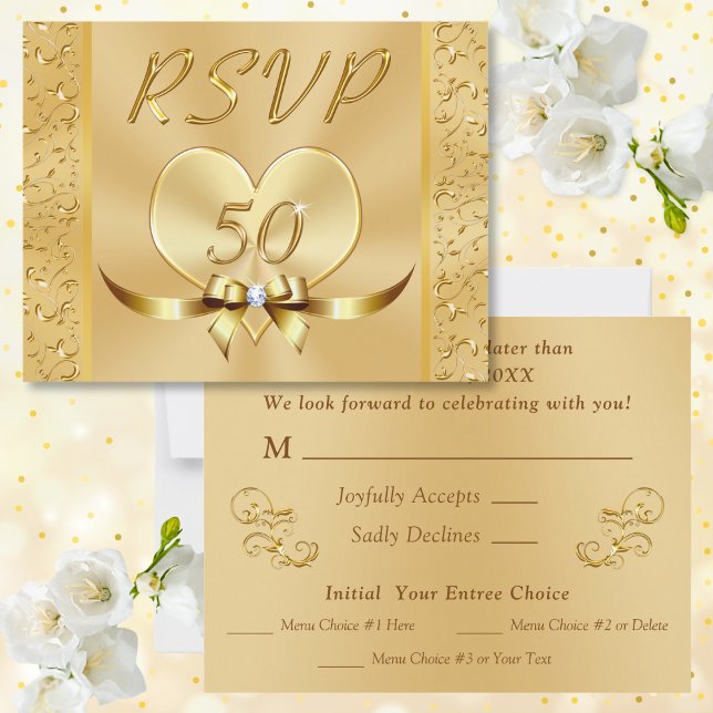 Tarjetas de confirmación de asistencia Menu Gold p (RSVP Menu Cards. Response Cards for 50th wedding anniversary. 50th anniversary RSVP Cards. Menu RSVP)