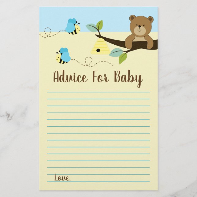 Tarjetas de consejo Baby Shower Bee Boy Bear and B (Anverso)