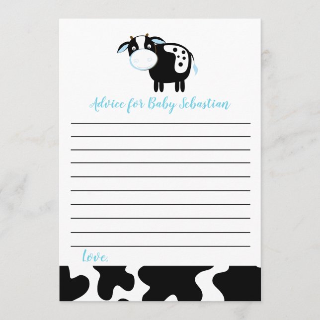 Tarjetas de consejo Baby Shower Blue Dairy Cow Boy (Anverso)