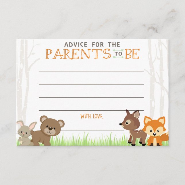Tarjetas de consejo Baby Shower Woodland Camper (Anverso)