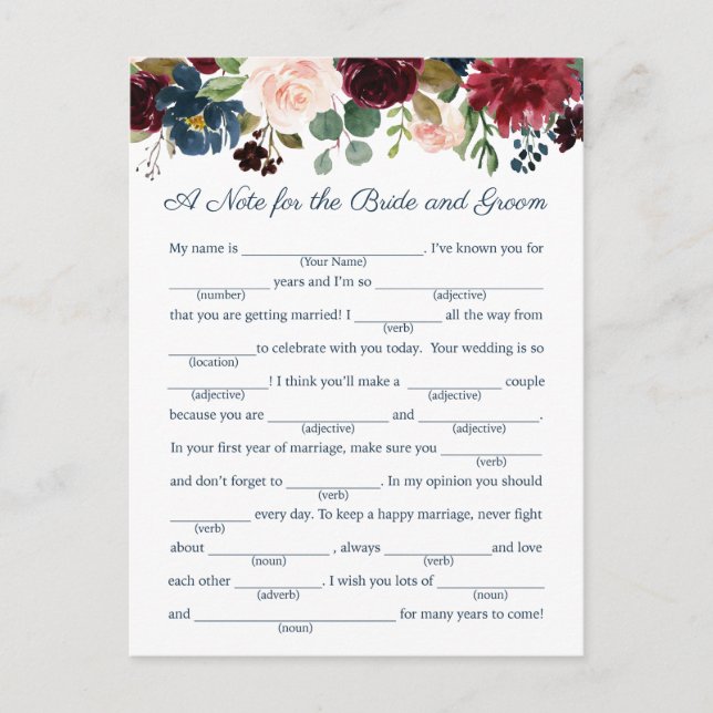 Tarjetas de consejo de Boda floral de la Marina Ru (Anverso)