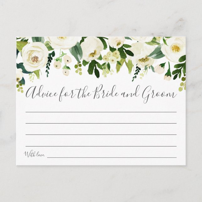 Tarjetas de consejo de Bodas verdes y flores blanc (Anverso)
