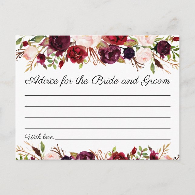 Tarjetas de Consejos de Boda con Florales Rosadas  (Anverso)
