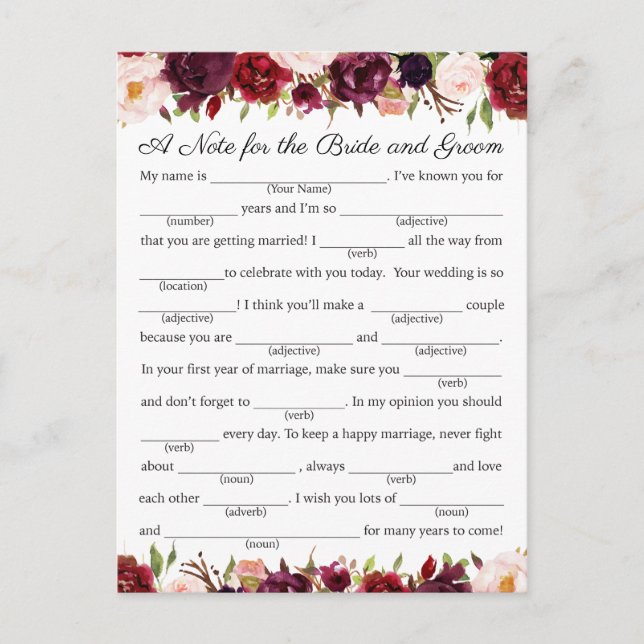 Tarjetas de Consejos de Boda con Marsala y Floral  (Anverso)