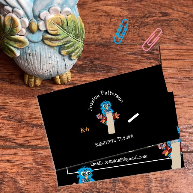 Tarjetas de contacto negras sustituidas por la lec (Blue owl substitute teacher standard horizontal business cards )