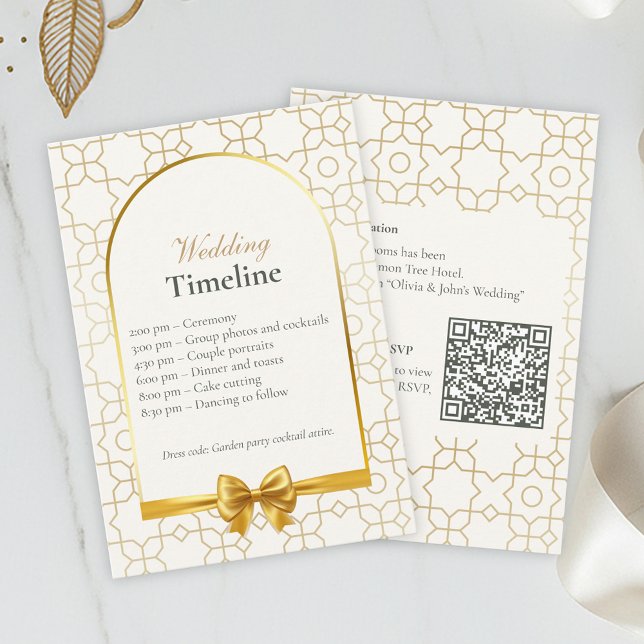 Tarjetas de Cronología de Boda Geométricas Doradas (Gold & Ivory Geometric Art Deco Wedding Timeline Card)