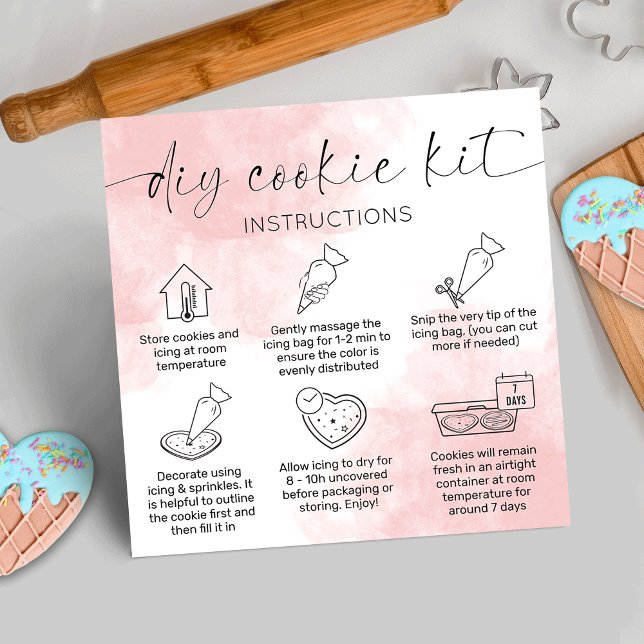 Tarjetas de cuidado de kit de decoración de cookie (DIY cookie decorating kit care cards with icons, pink watercolor background and space for your logo)