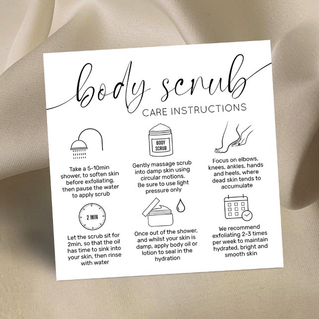 Tarjetas de cuidado minimo elegante de cuerpo blan (Modern body scrub instructions cards with care icons, space for your logo and elegant calligraphy)