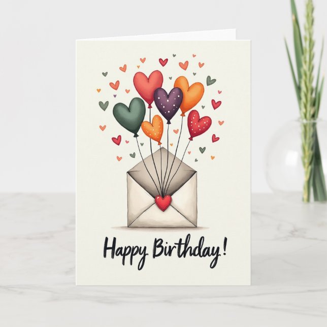 Tarjetas de cumpleaños con globos de corazón alegr (Anverso)