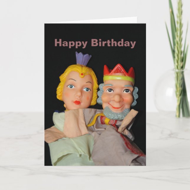 Tarjetas de cumpleaños con marionetas del rey y la (Anverso)