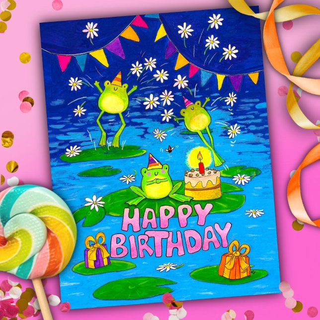 Tarjetas de cumpleaños con ranas y nenúfares retro (Subido por el creador)