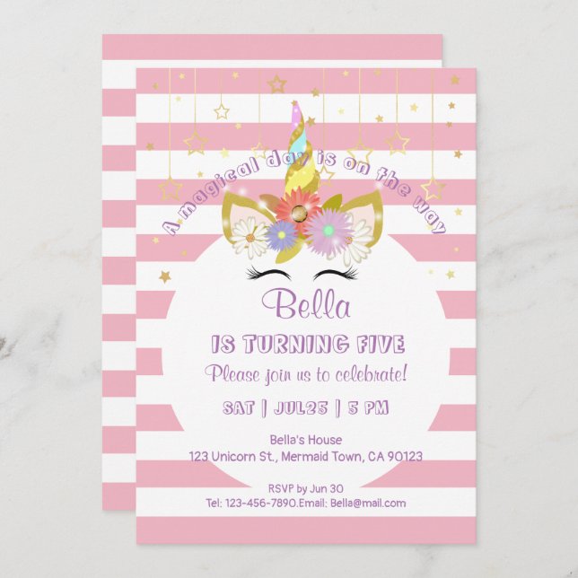 Tarjetas de cumpleaños de Unicornio rosa y dorado (Anverso / Reverso)