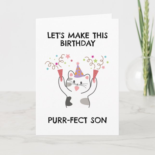 tarjetas de cumpleaños del hijo de gato divertido (Anverso)
