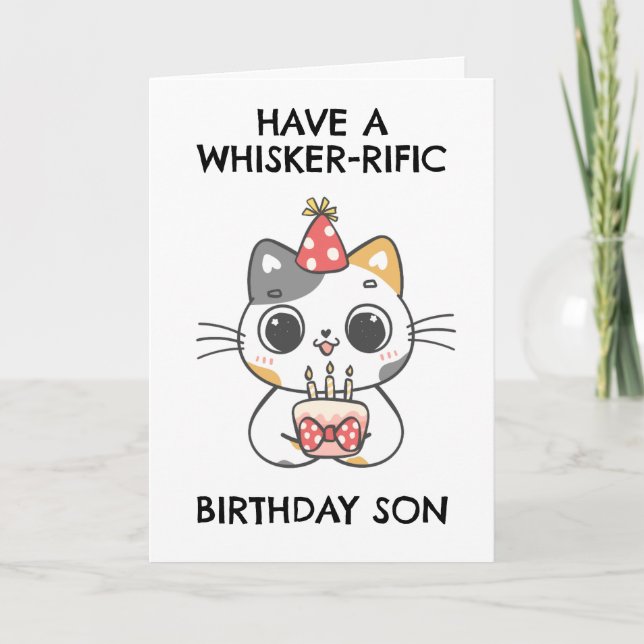 tarjetas de cumpleaños del hijo de gato divertido (Anverso)