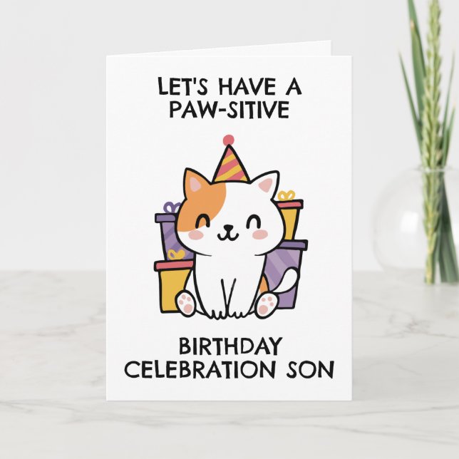 tarjetas de cumpleaños del hijo de gato divertido (Anverso)
