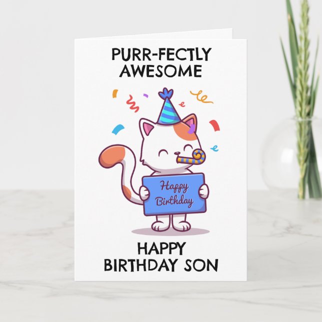 tarjetas de cumpleaños del hijo de gato divertido (Anverso)