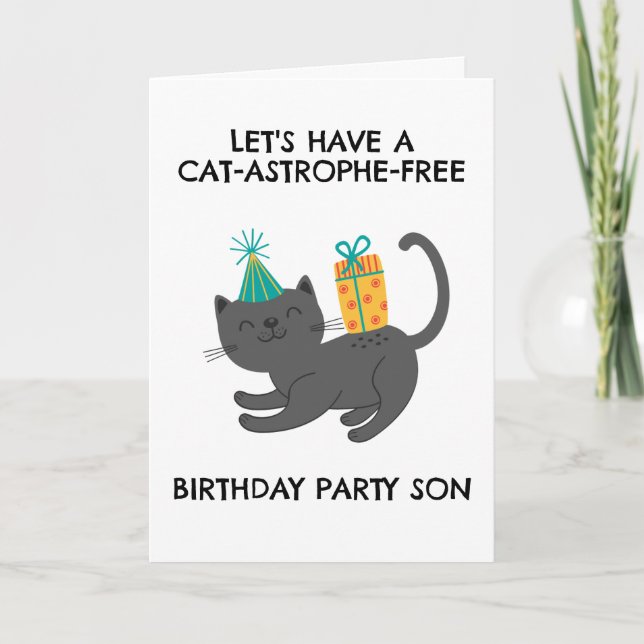 tarjetas de cumpleaños del hijo de gato divertido (Anverso)