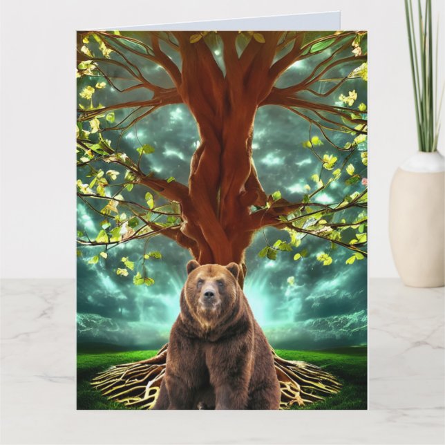 TARJETAS DE CUMPLEAÑOS FANTASY GRIZZLY BEAR ÁRBOLE (Anverso)