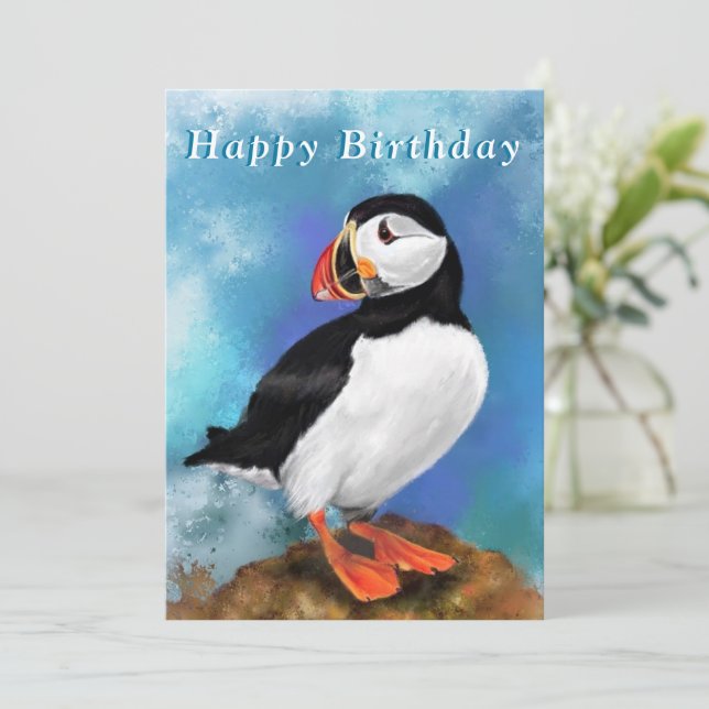 Tarjetas de cumpleaños felices con pájaro atlántic (Anverso de pie)