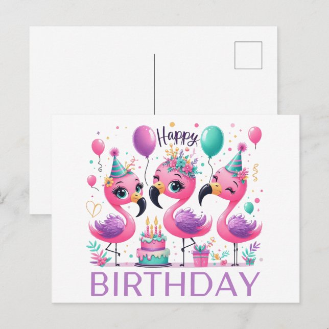 Tarjetas de cumpleaños felices de flamencos lindos (Anverso / Reverso)
