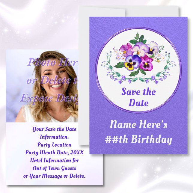 Tarjetas de cumpleaños, guardar la fecha con FOTO (Pansy Birthday. Personalized, Save the Dates. Floral Save the Date Cards. Purple Save the Date Cards)