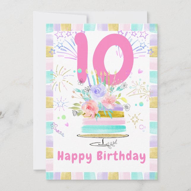Tarjetas de cumpleaños número 10 para niñas (Anverso)