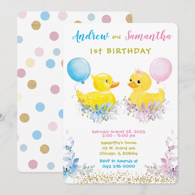 Tarjetas de cumpleaños número uno de patito de gom (Anverso / Reverso)