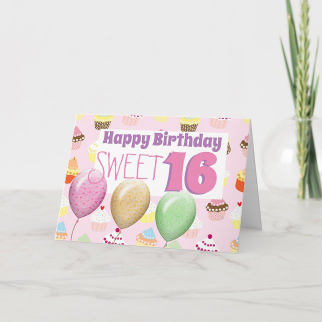 Tarjetas de cumpleaños Sweet 16 Cupcakes  Globos D (Anverso)