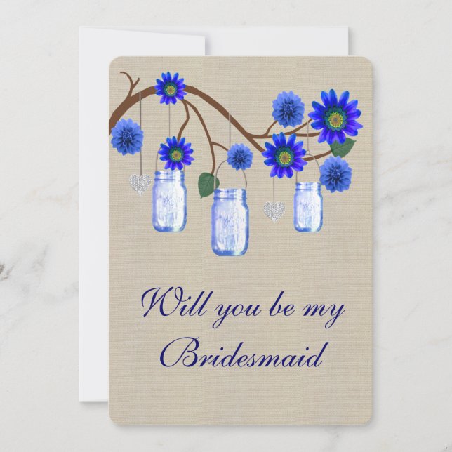 Tarjetas de Dama de Honor de Frasco de Mason Azul  (Anverso)
