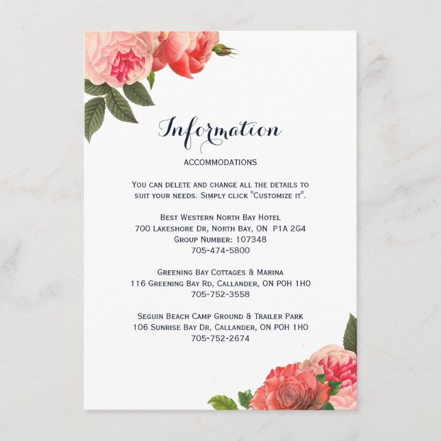 Tarjetas de detalle románticas de coral peoniano (Anverso)