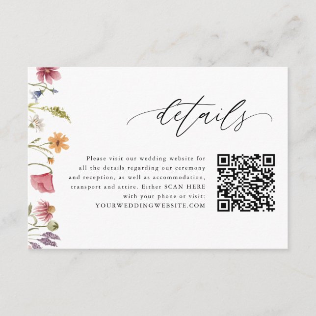Tarjetas de detalles de boda con código QR floral  (Anverso)