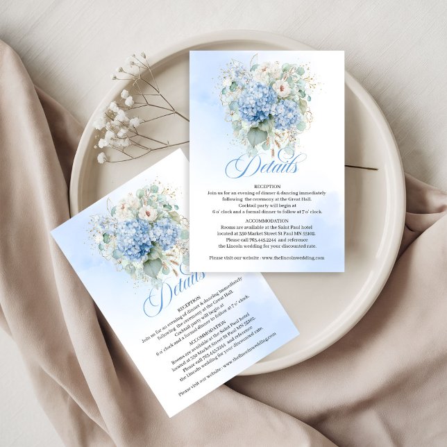 Tarjetas de Detalles de Boda de Hortensias Azules  (Modern Blue Hydrangeas Gold Wedding Details Card

)